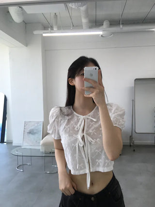 Nev Ribbon See-through Sleeve Puff Blouse