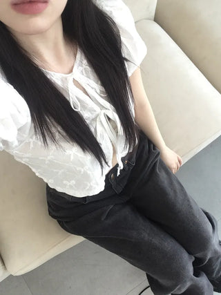 Nev Ribbon See-through Sleeve Puff Blouse