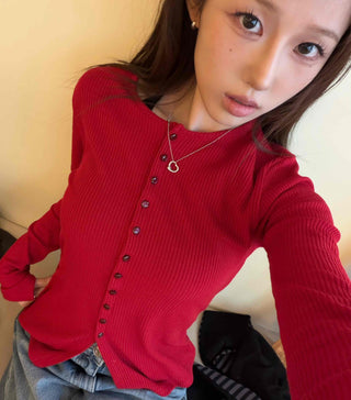 Frill Trim Deep V-Neck Rib Cardigan