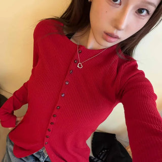 Frill Trim Deep V-Neck Rib Cardigan