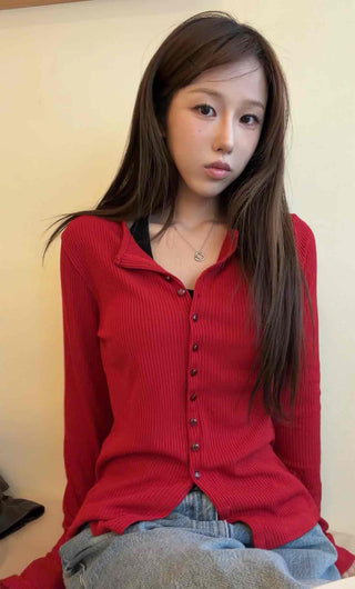 Frill Trim Deep V-Neck Rib Cardigan