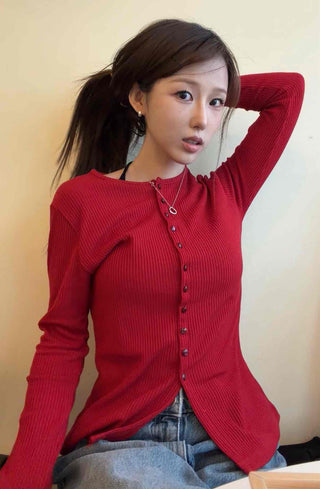 Frill Trim Deep V-Neck Rib Cardigan