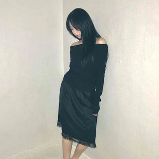 Delicate Fit Asymmetrical Off-Shoulder Slim Fit Long Sleeve T-shirt