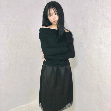 See-through Lace Elastic A-line Midi Skirt