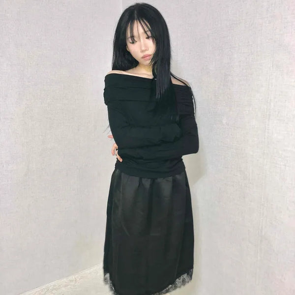 See-through Lace Elastic A-line Midi Skirt