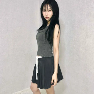 Slit Side Ribbon Strap Flare Skirt