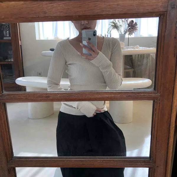 Cross Wrap Collar Neck Soft Slim Knit