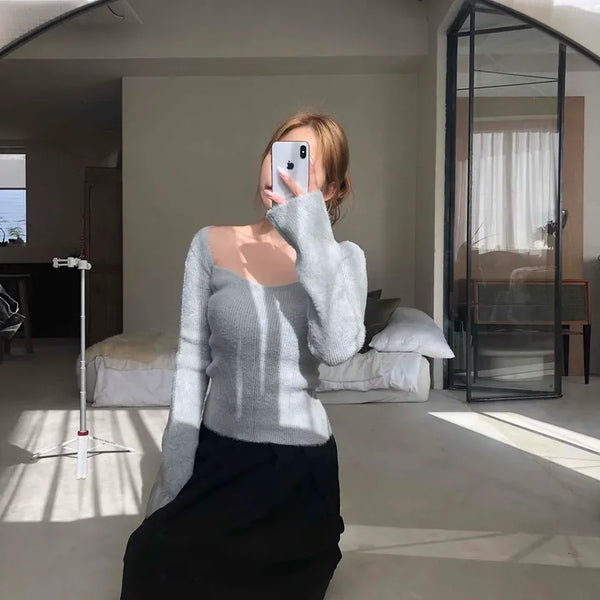 Mohair Texture Boat Neck Balloon Sleeve Knit