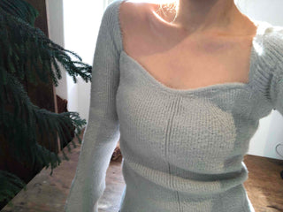 Mohair Texture Boat Neck Balloon Sleeve Knit