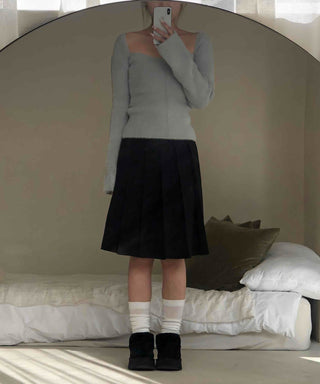 Mohair Texture Boat Neck Balloon Sleeve Knit