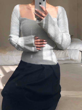 Mohair Texture Boat Neck Balloon Sleeve Knit