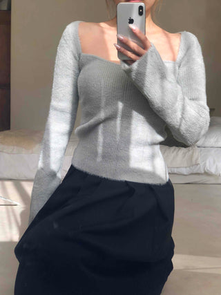Mohair Texture Boat Neck Balloon Sleeve Knit