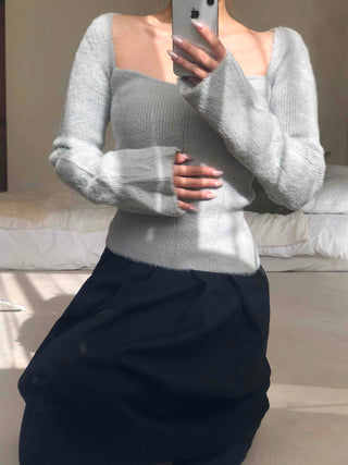 Mohair Texture Boat Neck Balloon Sleeve Knit