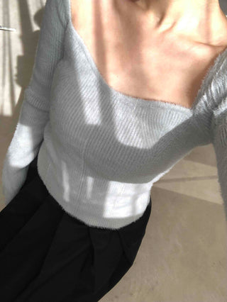 Mohair Texture Boat Neck Balloon Sleeve Knit