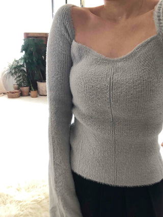 Mohair Texture Boat Neck Balloon Sleeve Knit