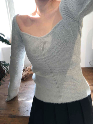 Mohair Texture Boat Neck Balloon Sleeve Knit