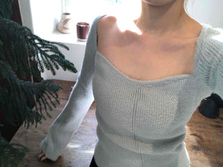 Mohair Texture Boat Neck Balloon Sleeve Knit