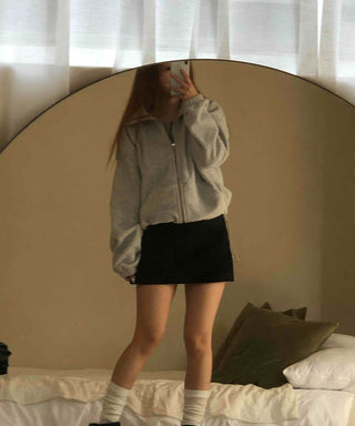 Heathered Fleece Drop Shoulder Crop Collar Zip-up