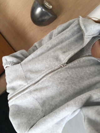 Heathered Fleece Drop Shoulder Crop Collar Zip-up