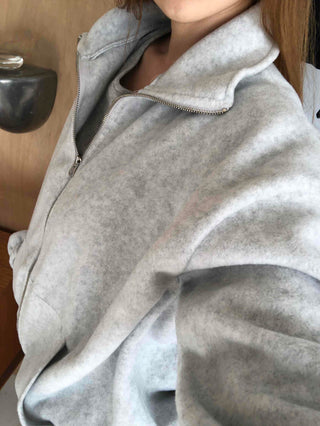 Heathered Fleece Drop Shoulder Crop Collar Zip-up