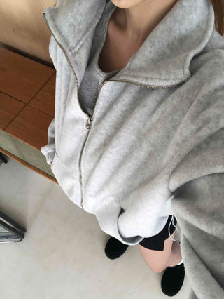 Heathered Fleece Drop Shoulder Crop Collar Zip-up