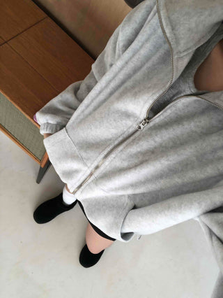 Heathered Fleece Drop Shoulder Crop Collar Zip-up