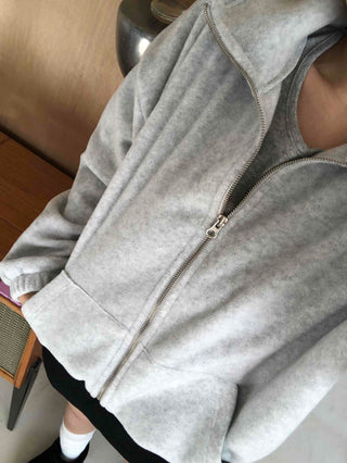 Heathered Fleece Drop Shoulder Crop Collar Zip-up