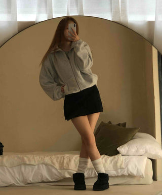 Heathered Fleece Drop Shoulder Crop Collar Zip-up