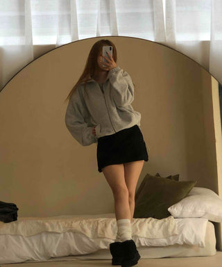 Heathered Fleece Drop Shoulder Crop Collar Zip-up