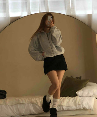 Heathered Fleece Drop Shoulder Crop Collar Zip-up
