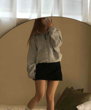 Heathered Fleece Drop Shoulder Crop Collar Zip-up