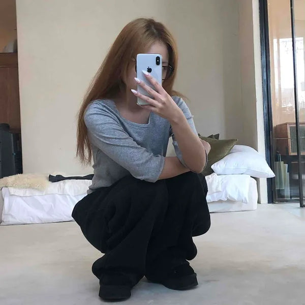 Layered Crop V-Neck Color Block Slim Fit Short Sleeve T-Shirt