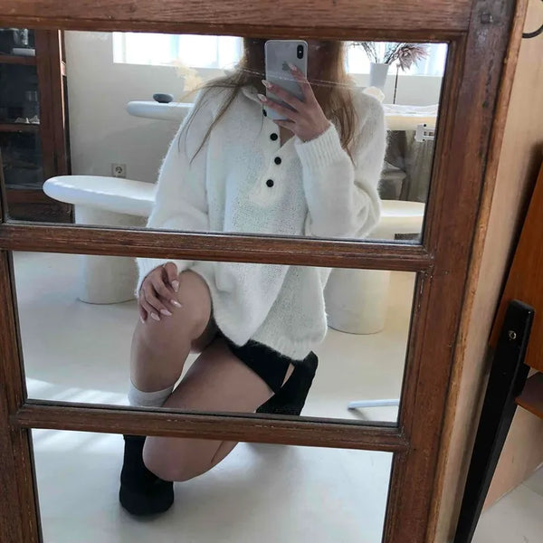 Half Button Raglan Sleeve Balloon Loose Fit Knit