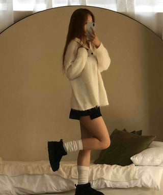 Half Button Raglan Sleeve Balloon Loose Fit Knit