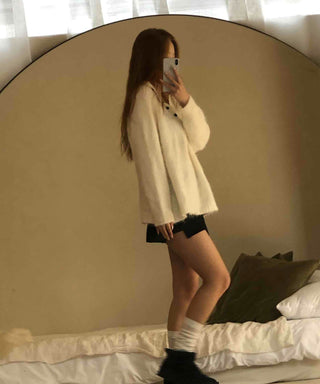 Half Button Raglan Sleeve Balloon Loose Fit Knit