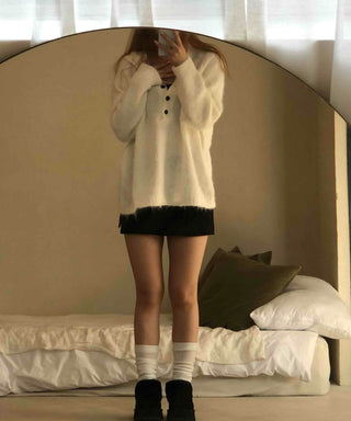 Half Button Raglan Sleeve Balloon Loose Fit Knit