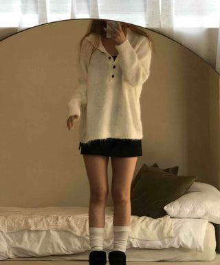 Half Button Raglan Sleeve Balloon Loose Fit Knit