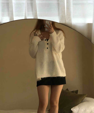 Half Button Raglan Sleeve Balloon Loose Fit Knit