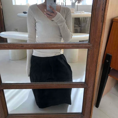Peach Cotton Elastic Waist Pocket H-Line Midi Skirt