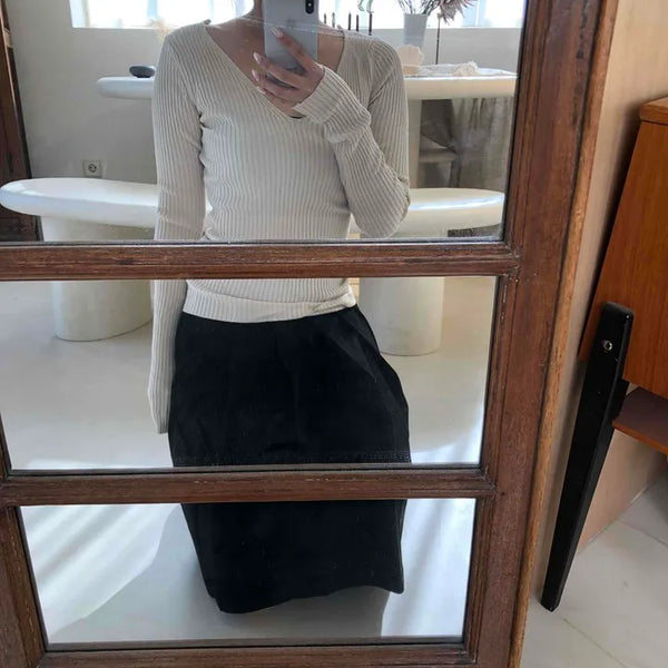 Peach Cotton Elastic Waist Pocket H-Line Midi Skirt