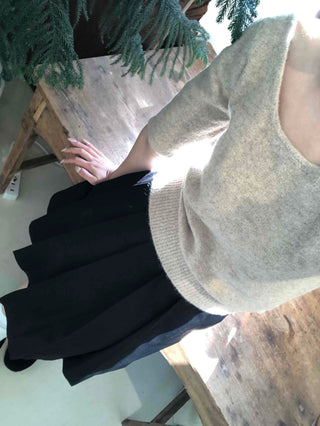 Peach Cotton Elastic Waist Pocket H-Line Midi Skirt