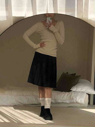 Peach Cotton Elastic Waist Pocket H-Line Midi Skirt