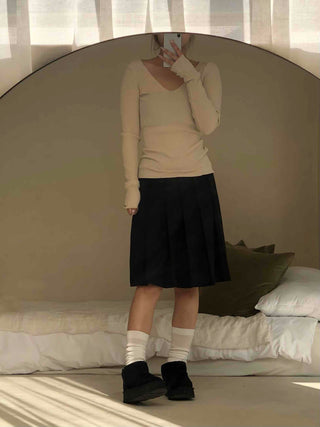 Peach Cotton Elastic Waist Pocket H-Line Midi Skirt