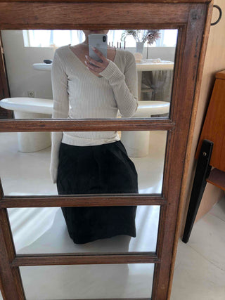 Peach Cotton Elastic Waist Pocket H-Line Midi Skirt