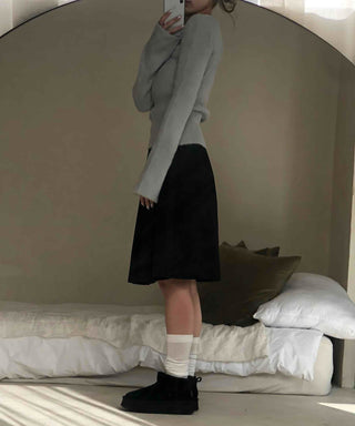 Peach Cotton Elastic Waist Pocket H-Line Midi Skirt