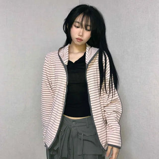 Wide Collar Striped Button Zip-Up Fleece Jumper
