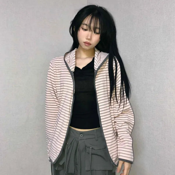 Wide Collar Striped Button Zip-Up Fleece Jumper