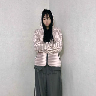 Wide Collar Striped Button Zip-Up Fleece Jumper