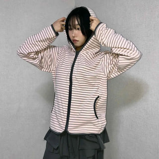 Wide Collar Striped Button Zip-Up Fleece Jumper