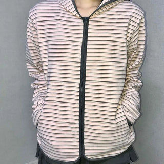 Wide Collar Striped Button Zip-Up Fleece Jumper